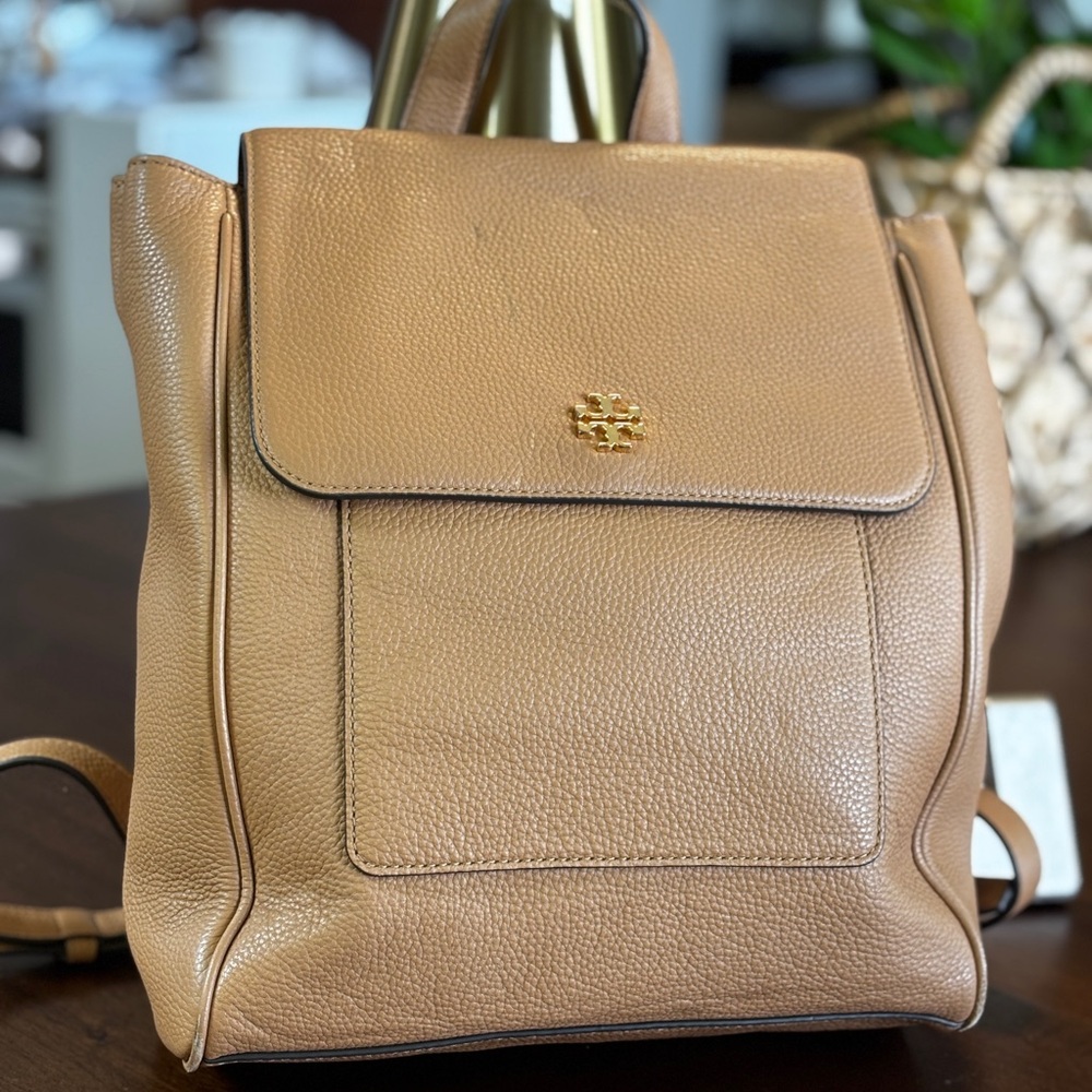Tory Burch Tan Leather Backpack with Gold Logo